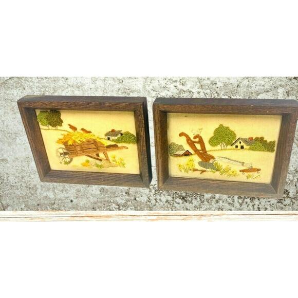 2 Cross Stitch Amish Country Plow Wheelbarrow Framed Hand Stitched Embroidered - Picture 3 of 12